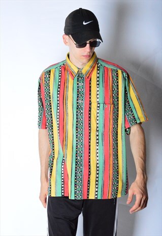 VINTAGE 90S COLOURFUL STRIPED AZTED POLO SHIRT