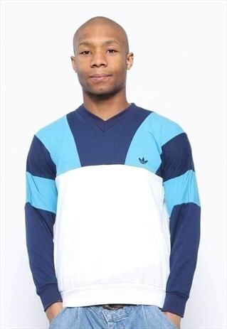 VINTAGE ADIDAS LOGO BLOCK COLOUR SWEATSHIRT WHITE AND BLUE