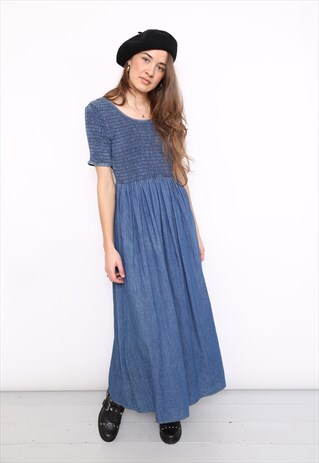 VINTAGE 90S BLUE DENIM COTTON STRETCH MIDI DRESS