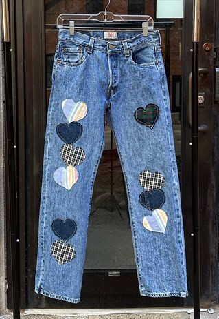 VINTAGE REWORK 90S LEVI'S 501 HEART PATCHWORK MOM JEANS (28)