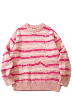 Fluffy stripe sweater furry knitwear zigzag jumper in pink