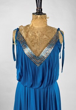 70's Vintage Blue Grecian Slinky Ladies Slip Dress Metallic