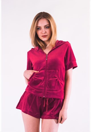 VELOUR TRACKSUIT SET IN HOT PINK TOP AND SHORTS