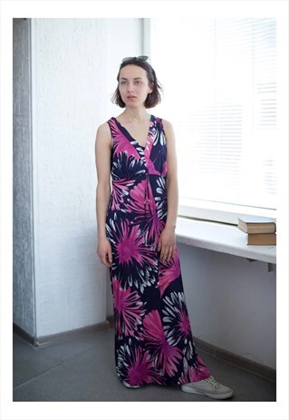 VINTAGE 80'S BLUE/PINK FLOWER PRINT MAXI DRESS