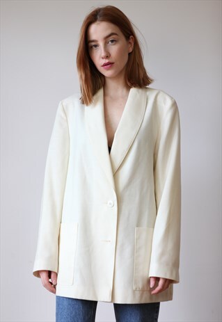 VINTAGE 80'S OVERSIZE CREAM LINEN BLAZER JACKET