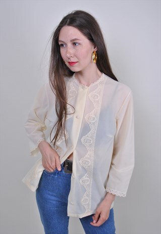 80S TRANSPARENT WHITE BLOUSE, LACE SUIT EVENING FORMAL SHIRT
