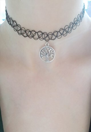 BLACK TATTOO CHOKER WITH TREE OF LIFE CHARM