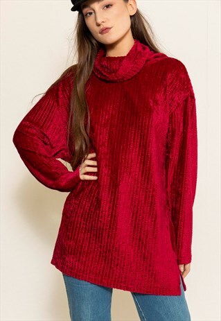 VINTAGE 90S MAROON VELVET ROLL NECK JUMPER