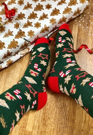 GREEN CHRISTMAS SOCKS WITH GINGERBREAD, PERFECT GIFT FOR MEN
