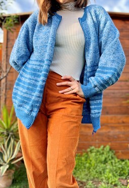 80s vintage blue striped oversized knit cardigan