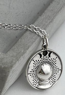 925 Sterling Silver Crystal Ball and Moon Phases Necklace