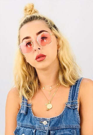 VINTAGE INSPIRED SQUARE PINK LENSE SUNGLASSES