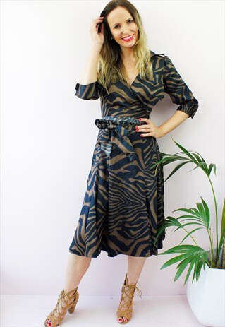 VINTAGE 90'S ANIMAL PRINT WRAP A LINE MIDI TEA DRESS