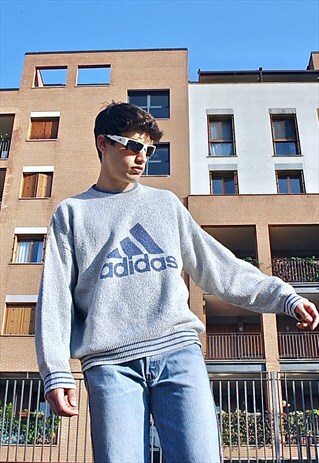 90S VINTAGE RARE ADIDAS BIG LOGO GREY COTTON JUMPER