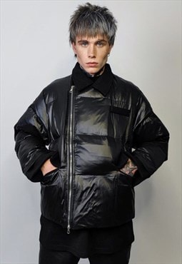 Asymmetric puffer jacket collared quilted going out bomber
