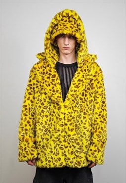 Hooded leopard coat yellow faux fur trench animal print spot