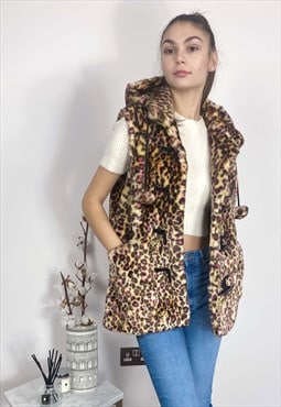 Longline Oversized Faux Fur Gilet With Hood In Pink leopard