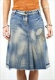 VINTAGE Y2K DENIM MIDI SKIRT, PLEATED WITH EMBROIDERY  