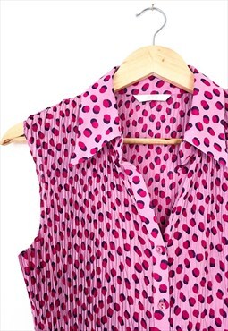 70s Collar Polkadot Pink Crinkle Blouse Shirt