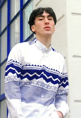 BORDERED BLUE LONG SLEEVE COTTON SHIRT