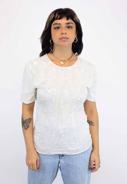 Vintage Heavy Sequin Party Top in White