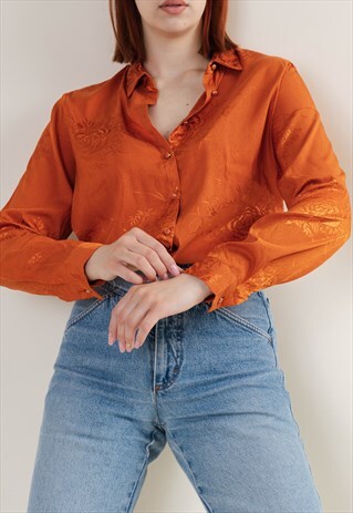 VINTAGE 90S LONG SLEEVE SHINY FLORAL EMBROIDERED BLOUSE