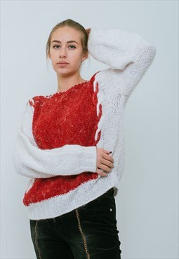 Vintage 70s Boxy Fit Fluffy Knitted Color Block Jumper
