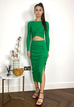 Knit crop top with side lace up midi skirt co-ords