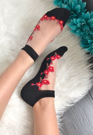 BLACK & RED SHEER FLORAL SOCKS