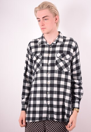 MENS VINTAGE FLANNEL SHIRT LARGE BLACK CHECK 90S