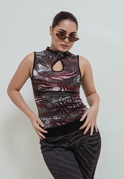 Vintage Y2k Bodycon Animal Print Keyhole Back Detail Top S