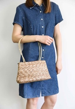 Vintage Rectangle Woven Straw Shoulder Bag Purse Plastic