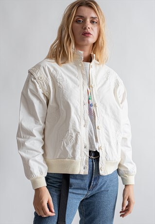 VINTAGE 70S EMBROIDERED WHITE BOMBER JACKET