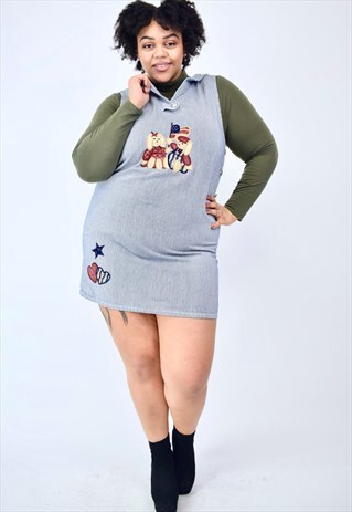 VINTAGE 90'S STRIPED DENIM EMBROIDERED COLLARED DRESS
