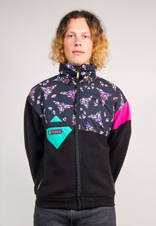 VINTAGE 90'S BLACK PATTERNED FESTIVAL FLEECE JACKET