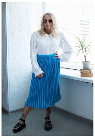 VINTAGE 80'S MIDI BLUE STRIPED PLEATED SKIRT