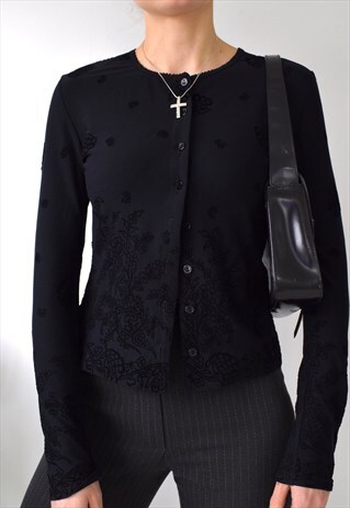 VINTAGE 90S Y2K FLORAL STRETCHY MINI FITTED CARDIGAN TOP