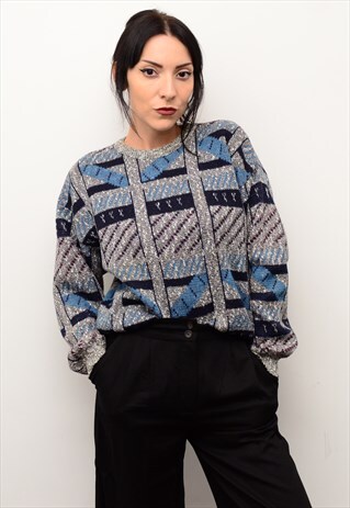 VINTAGE 90'S GRUNGE INDIE PATTERNED SLOUCHY CHUNKY JUMPER