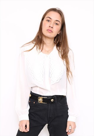 VINTAGE 80S WHITE LACE COLLAR SHIRT BLOUSE