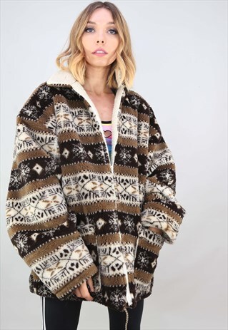 VINTAGE 90S OVERSIZED PATTERNED TEDDY FLEECE JACKET