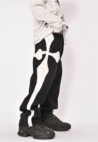 SIDE CROSS PATCHWORK JEANS YEEZUS DENIM OVERALLS BLACK