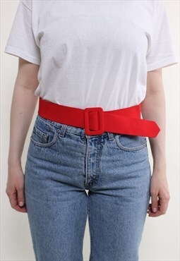 80s red belt, vintage shiny women belt with square buckle