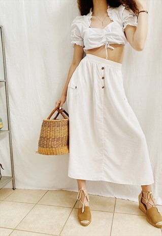 VINTAGE 80S HAUTE BOHEME WHITE MAXI SKIRT FESTIVAL BOHO