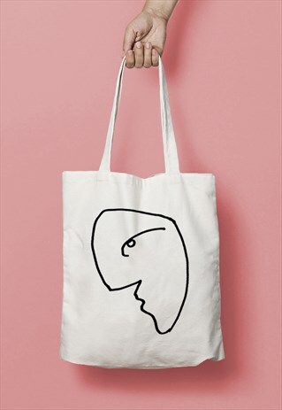 FACE LINE DRAWING PRINT COTTON TOTE BAG SHOPPER BLACK WHITE