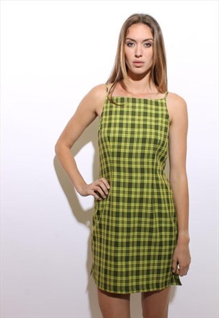VINTAGE 1990'S 90'S LIME GREEN ORANGE PLAID MINI DRESS M-L