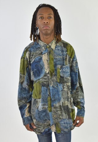 VINTAGE 90S BLUE GREY FLORAL PATTERNED SHIRT