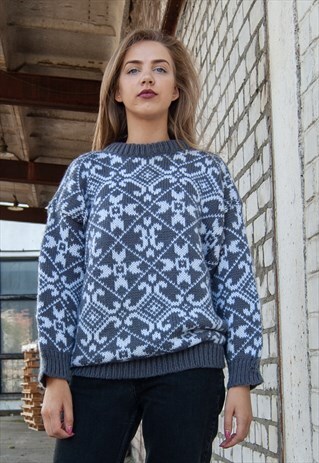 VINTAGE RETRO GREY WHITE OVERSIZED JUMPER