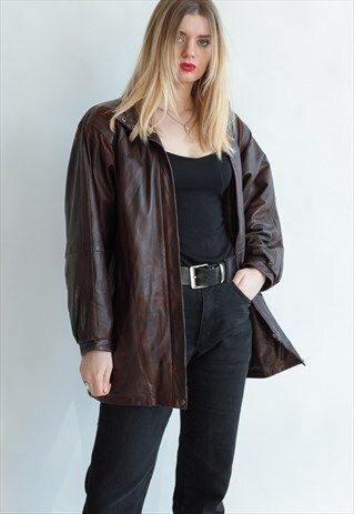 VINTAGE 80S BOXY BROWN LEATHER JACKET IN MINIMAL DESIGN