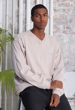 VINTAGE CHAMPION LONG SLEEVE LOGO V-NECK T-SHIRT GREY