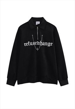 Half zip polo shirt long sleeve velvet jumper chain top 